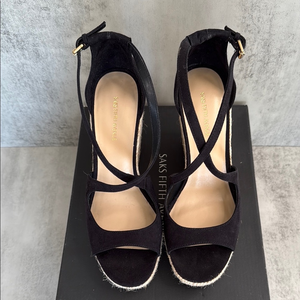 Saks Fifth Avenue Black Suede Wedge Sandals with espadrile Platform - Picture 3 of 7